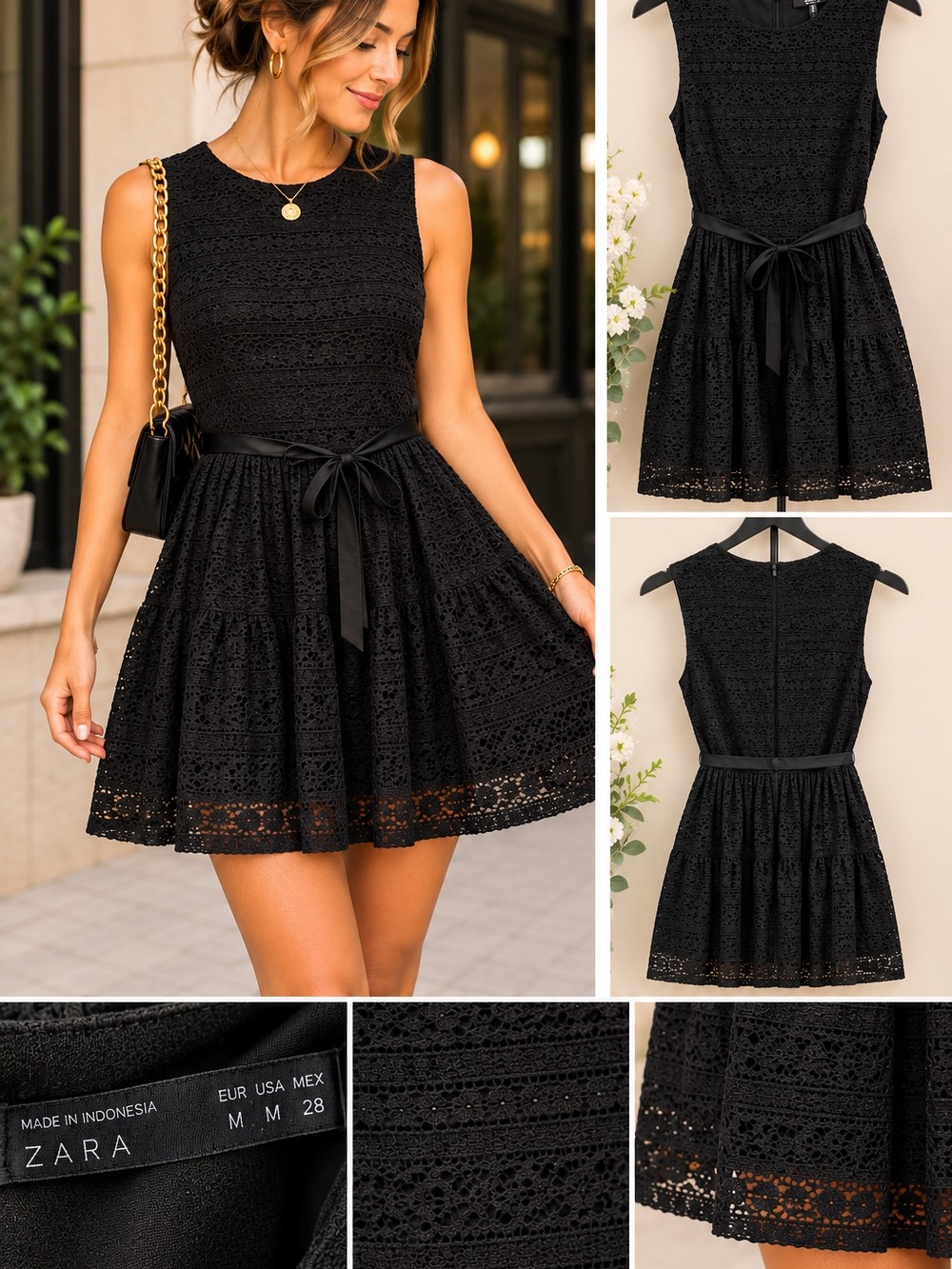 Zara Black Lace Tiered Sleeveless Dress